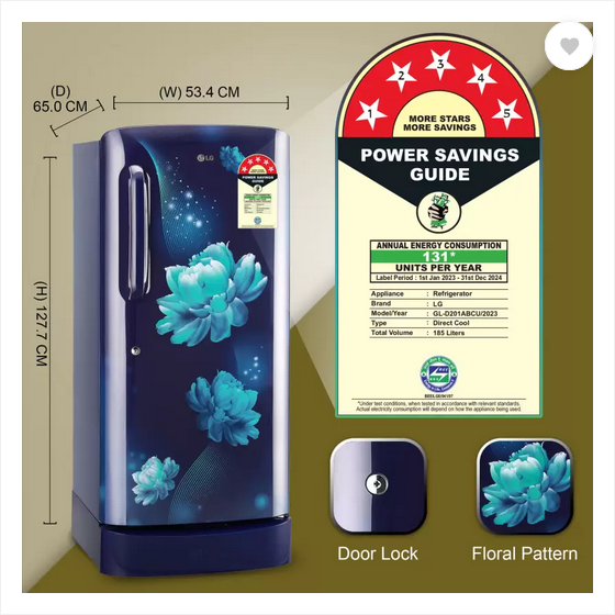 LG REFRIGERATOR-185 Ltr: ,Single Door Fridge: 5 Star Blue Floral|| B201AELU