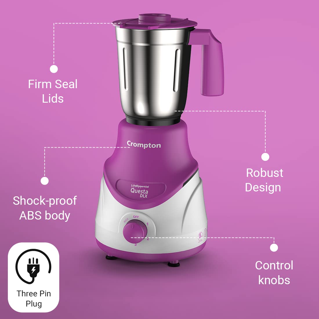 CROMPTON MIXER GRINDER-500 W ||Lavender || MG ACGM-QUESTADLX3J