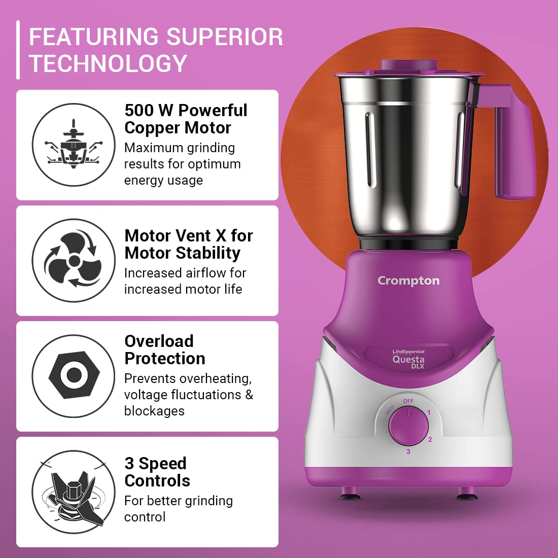 CROMPTON MIXER GRINDER-500 W ||Lavender || MG ACGM-QUESTADLX3J