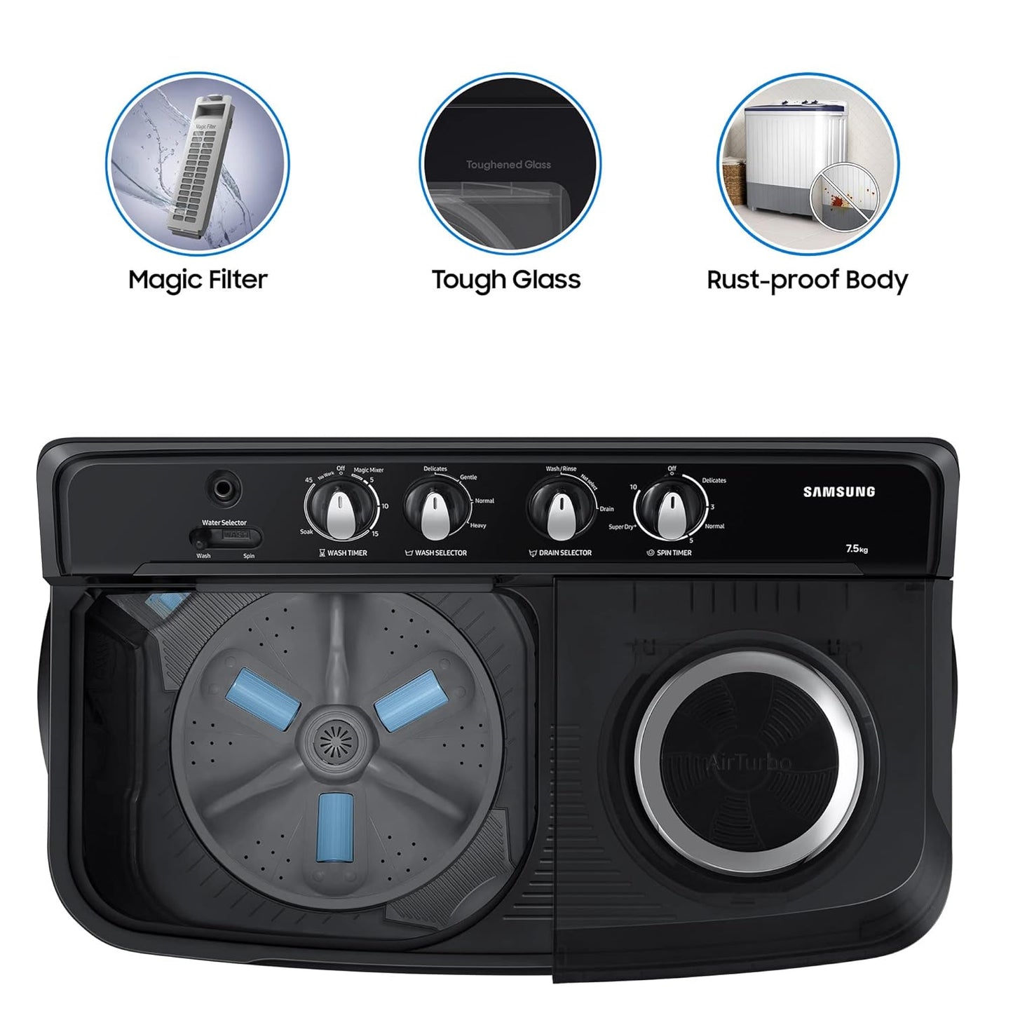 SAMSUNG WASHING MACHINE, 7.5 kg, 5 Star, Black||WT75B3200GD/TL