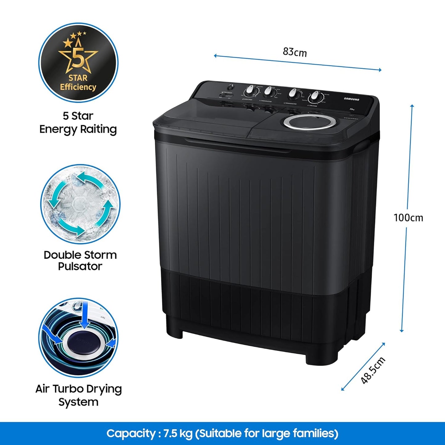 SAMSUNG WASHING MACHINE, 7.5 kg, 5 Star, Black||WT75B3200GD/TL