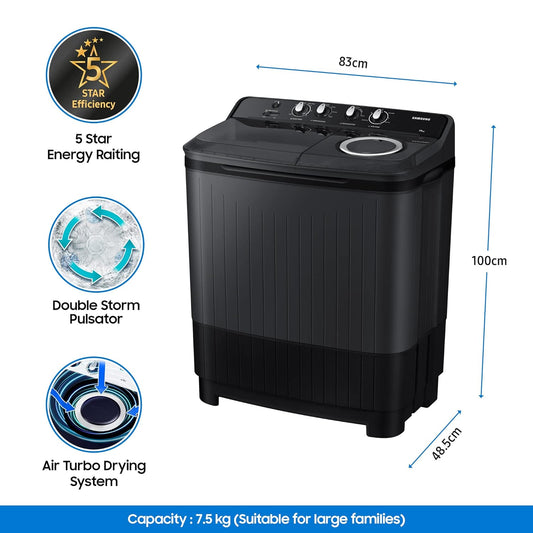 SAMSUNG WASHING MACHINE, 7.5 kg, 5 Star, Black||WT75B3200GD/TL