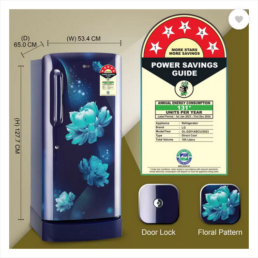 LG REFRIGERATOR-185 Ltr: ,Single Door Fridge: 5 Star Blue Floral|| B201AELU